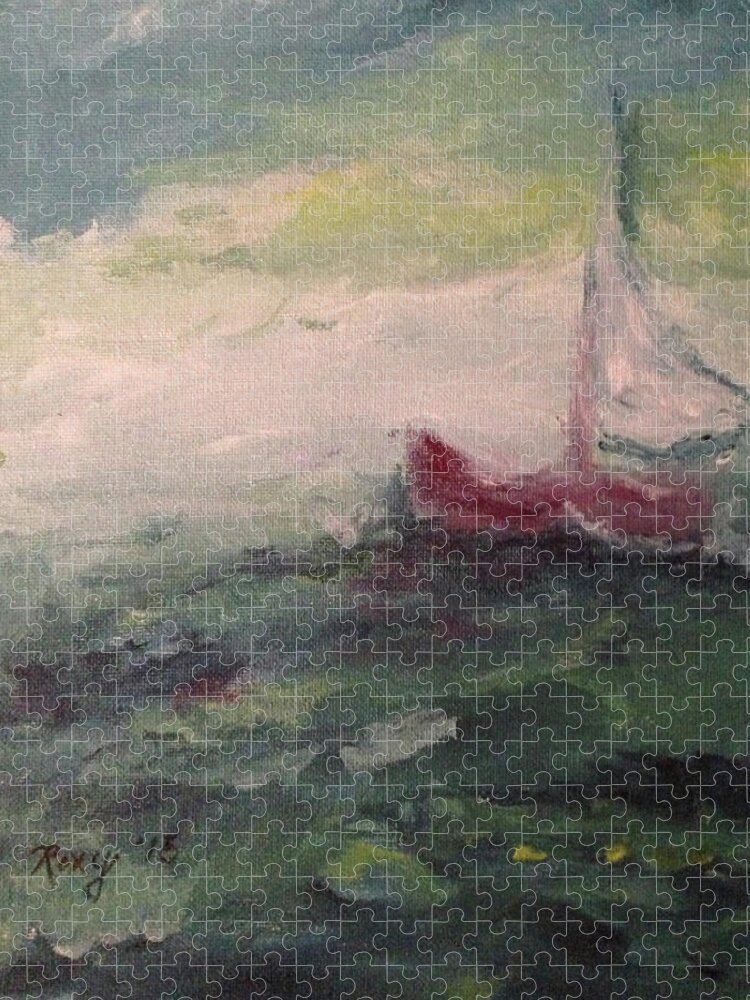 Impressionism Jigsaw Puzzle featuring the painting Stormy Sailboat #1 by Roxy Rich