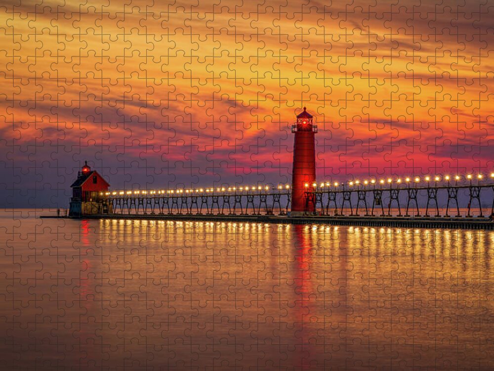 Grand Haven Jigsaw Puzzle featuring the digital art Sunset at Grand Haven Lighthouse #1 by Kevin McClish