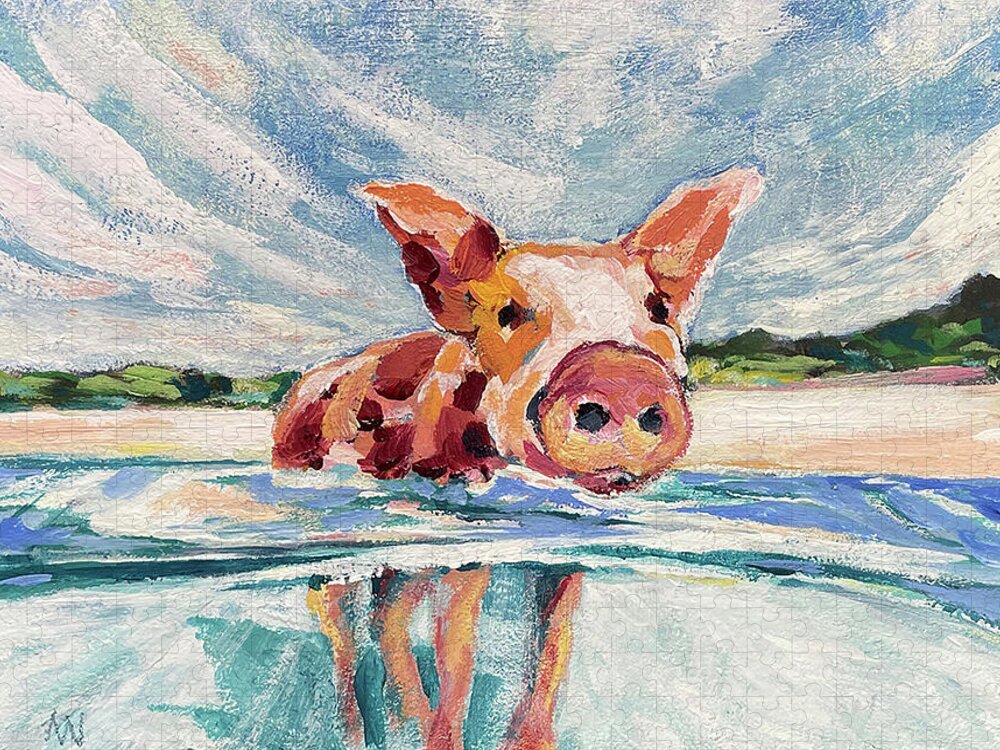 Pig Jigsaw Puzzle featuring the painting Swimming Pig #1 by AnneMarie Welsh