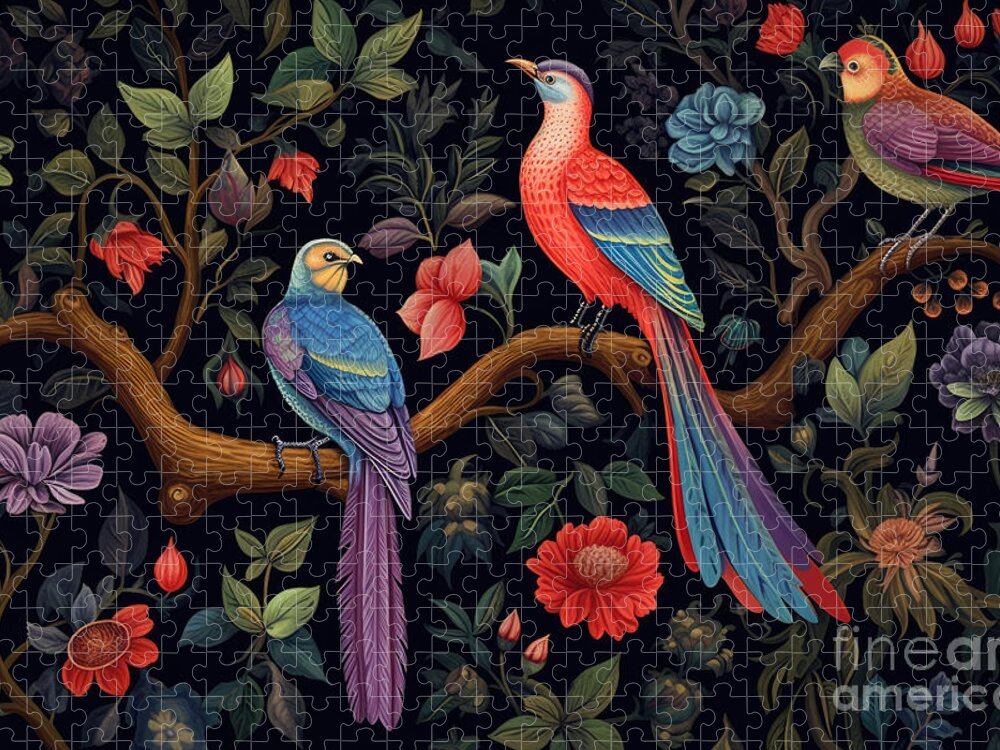 Bird Jigsaw Puzzle featuring the painting Textile Pattern Pattern Of Birds On Branches Flowers And Plants #1 by N Akkash
