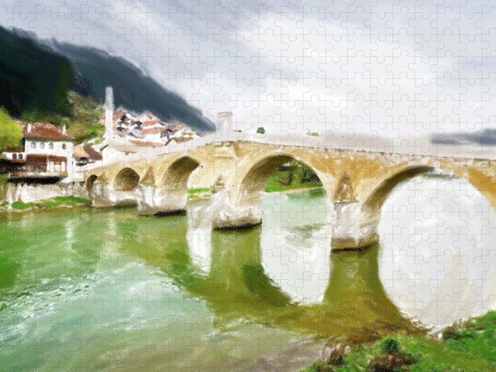 Bosnia Jigsaw Puzzle featuring the digital art The Old Bridge in Konjic #1 by Alexey Stiop