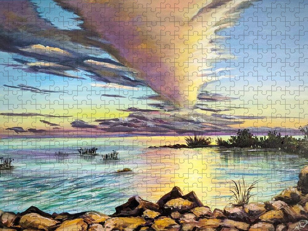 Sunset Jigsaw Puzzle featuring the painting The sunset #1 by Katerina Kovatcheva