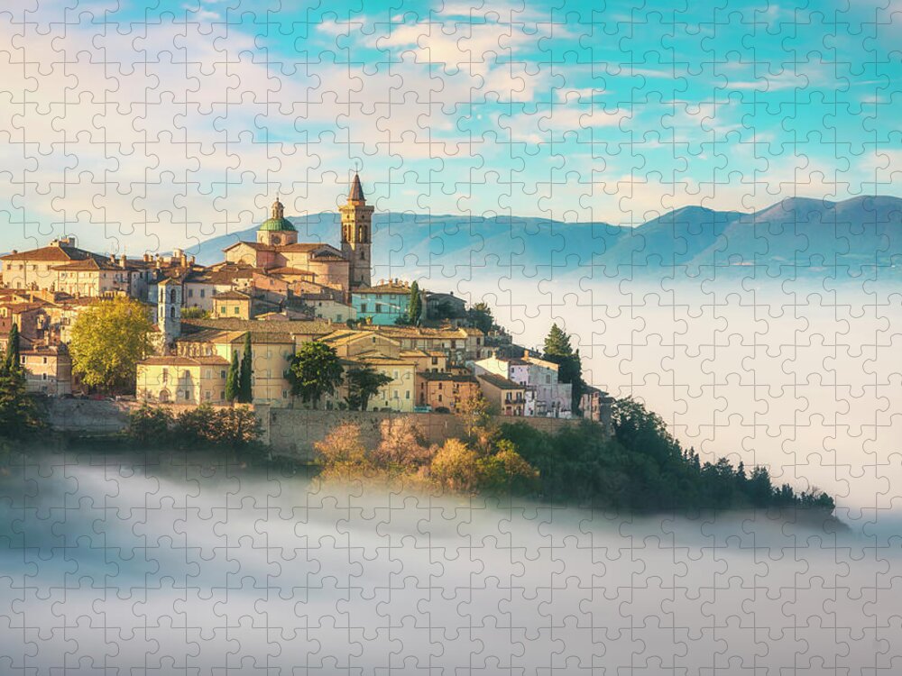 Trevi Jigsaw Puzzle featuring the photograph Trevi picturesque village in a foggy morning. Perugia, Umbria, I by Stefano Orazzini