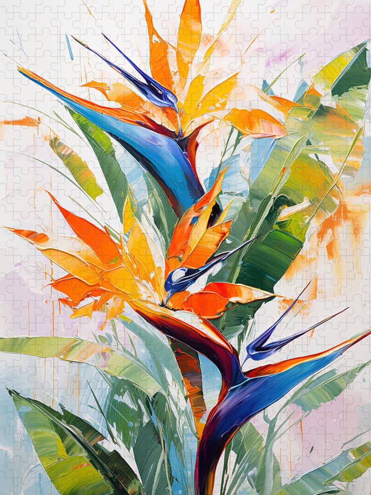 Bird Of Paradise Art Jigsaw Puzzle featuring the painting Tropical Leaves Artwork by Lourry Legarde