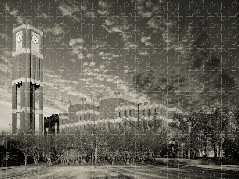 University Of Oklahoma Jigsaw Puzzle featuring the photograph University of Oklahoma Clock Tower at Dusk #1 by Mountain Dreams