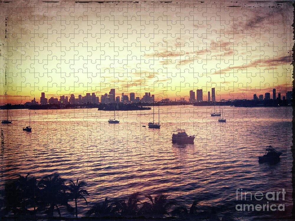 Florida Jigsaw Puzzle featuring the digital art Vintage Miami Skyline by Phil Perkins