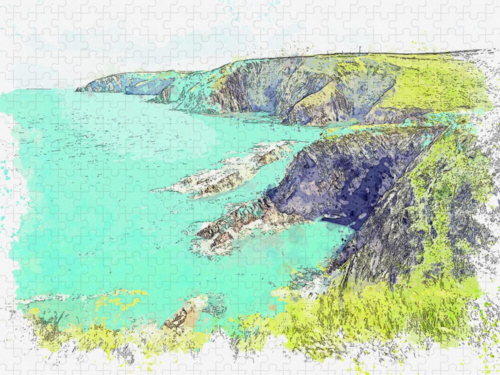 Pembrokeshire Jigsaw Puzzle featuring the painting Wales Pembrokeshire Coast in watercolor ca by Ahmet Asar #2 by Celestial Images
