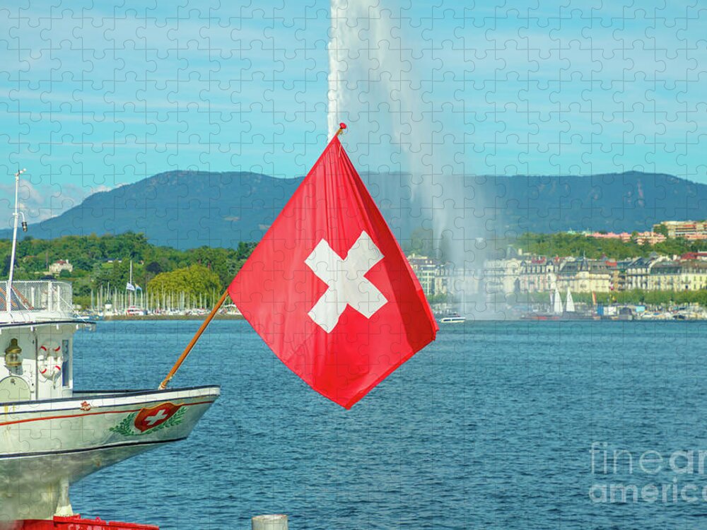 Geneva Jigsaw Puzzle featuring the photograph Water jet fountain and Swiss flag #1 by Benny Marty
