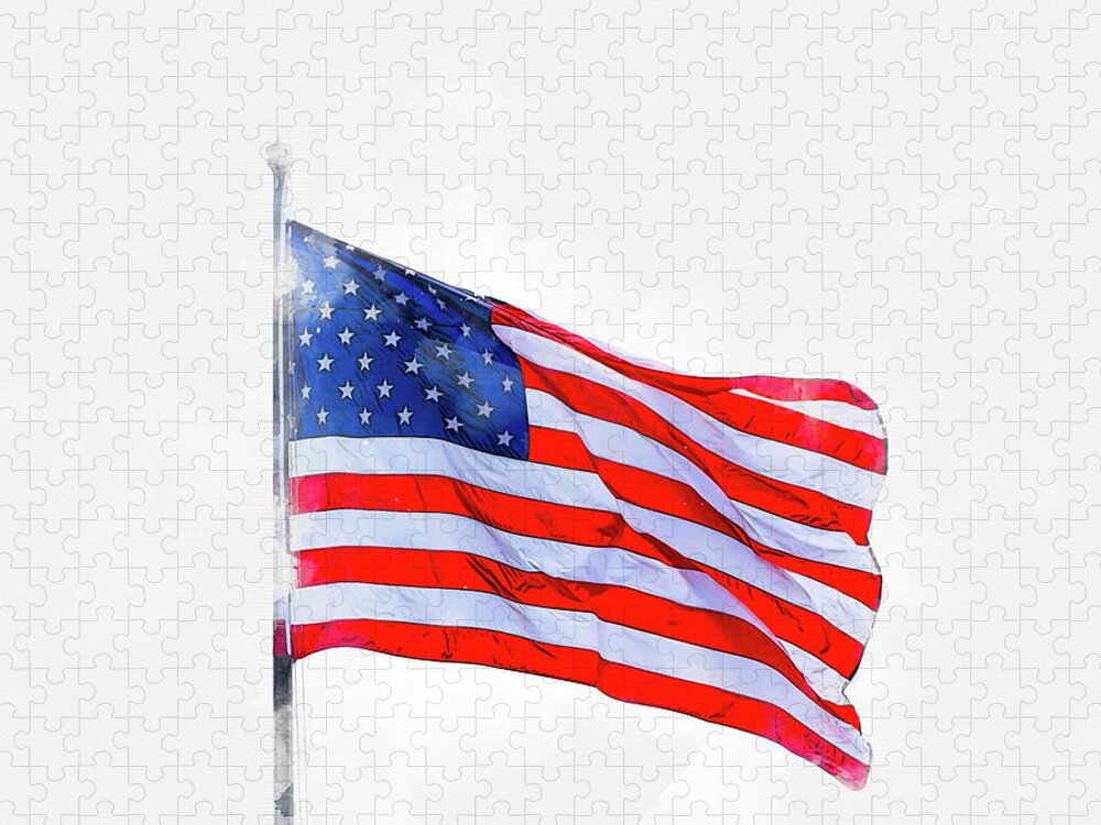 Watercolor Jigsaw Puzzle featuring the digital art Watercolor painting illustration of American flag isolated over a white background by Maria Kray