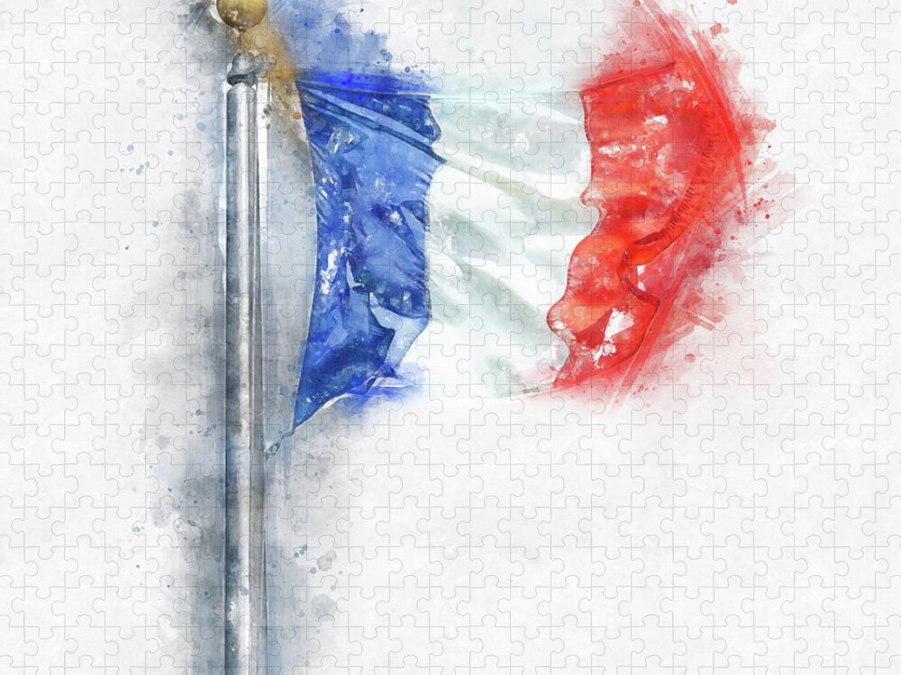 Watercolor Jigsaw Puzzle featuring the digital art Watercolor painting illustration of Flag of France isolated over white background by Maria Kray