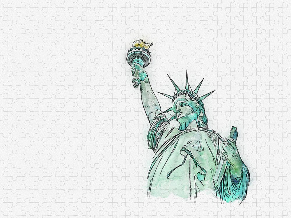 Watercolor Sketch Jigsaw Puzzle featuring the digital art Watercolor painting illustration of Statue of Liberty on white by Maria Kray