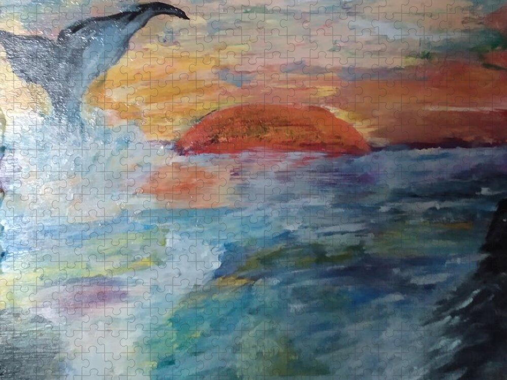 Whale Jigsaw Puzzle featuring the painting Whale at Sunset by Suzanne Berthier