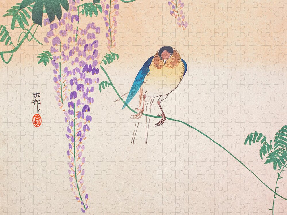 Wisteria Jigsaw Puzzle featuring the painting Wisteria and Swallow by Ohara Koson by Mango Art