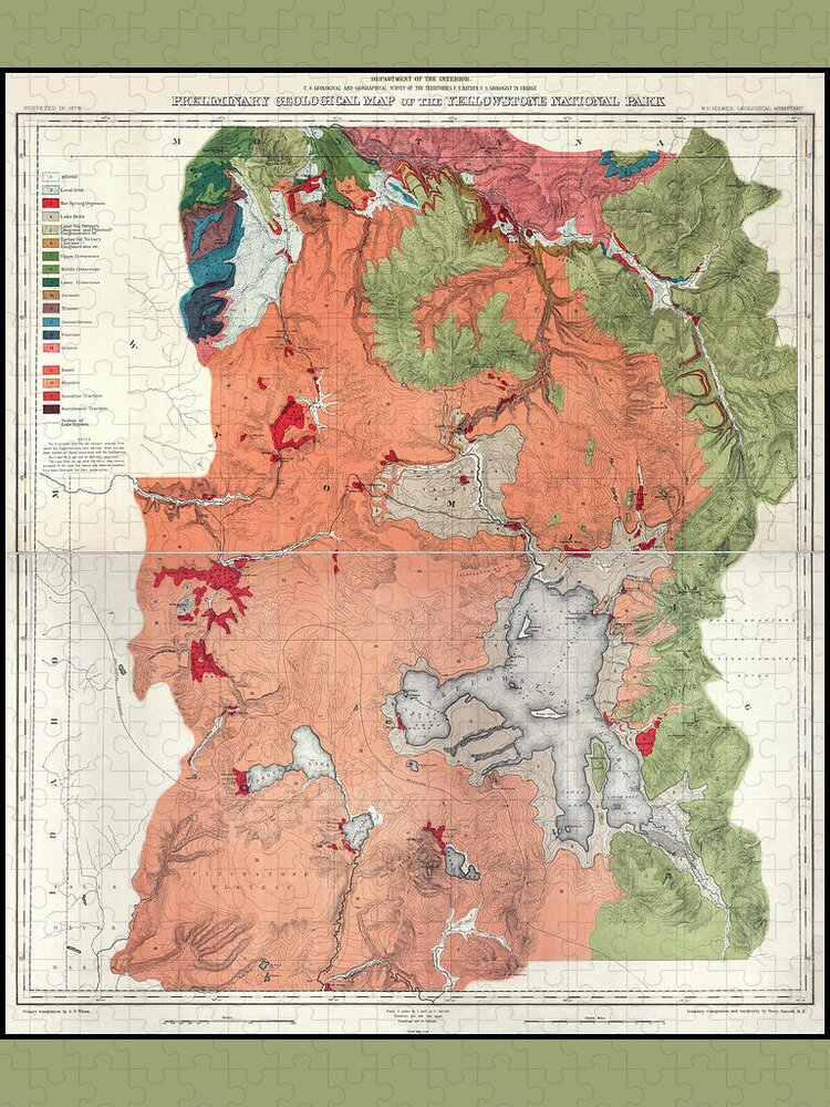 Yellowstone Jigsaw Puzzle featuring the photograph Yellowstone National Park Vintage Preliminary Geological Map 1878 #2 by Carol Japp