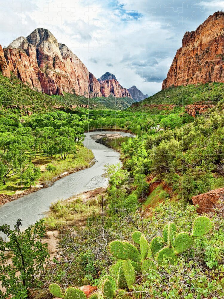 Cactus Jigsaw Puzzle featuring the photograph Zion Canyon and the Meandering Virgin River at Dusk #1 by Jeff Goulden