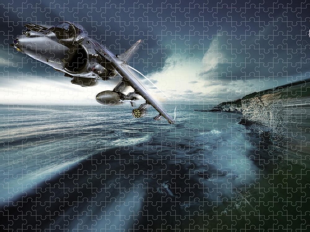 Harrier Jigsaw Puzzle featuring the digital art British Aerospace Harrier II GR9 White Cliffs Pass by Custom Aviation Art