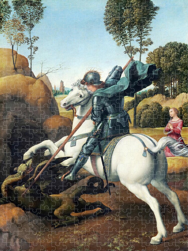 Raphael Jigsaw Puzzle featuring the painting Saint George and the Dragon by Raphael by Mango Art