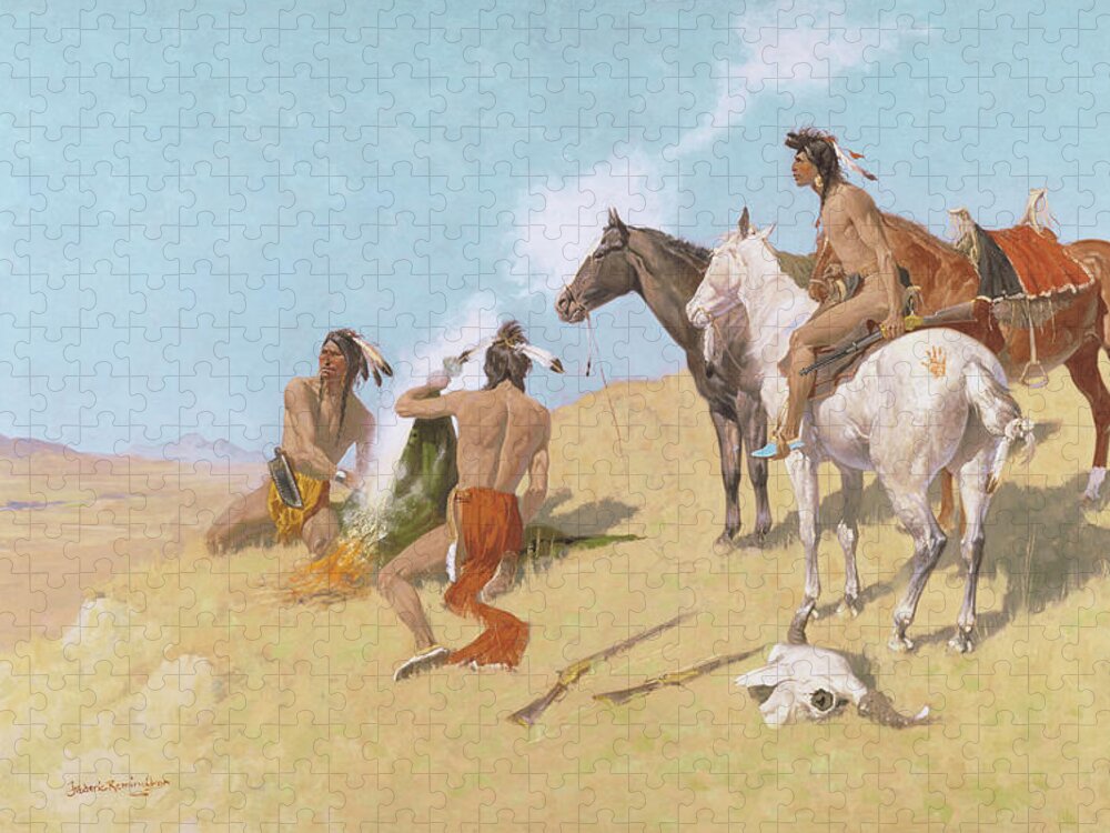 Frederic Remington Jigsaw Puzzle featuring the painting The Smoke Signal by Frederic Remington by Mango Art