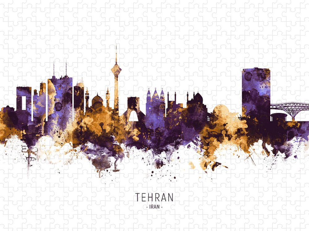 Tehran Jigsaw Puzzle featuring the digital art Tehran Iran Skyline #11 by Michael Tompsett