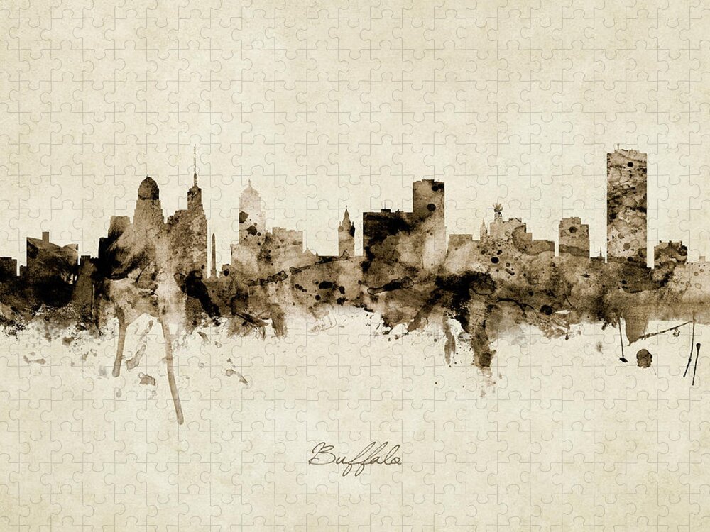 Buffalo Jigsaw Puzzle featuring the digital art Buffalo New York Skyline #12 by Michael Tompsett