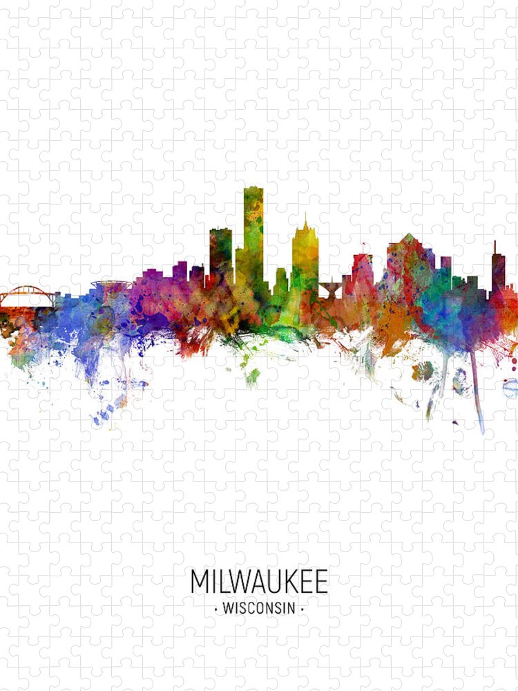Milwaukee Jigsaw Puzzle featuring the digital art Milwaukee Wisconsin Skyline #13 by Michael Tompsett