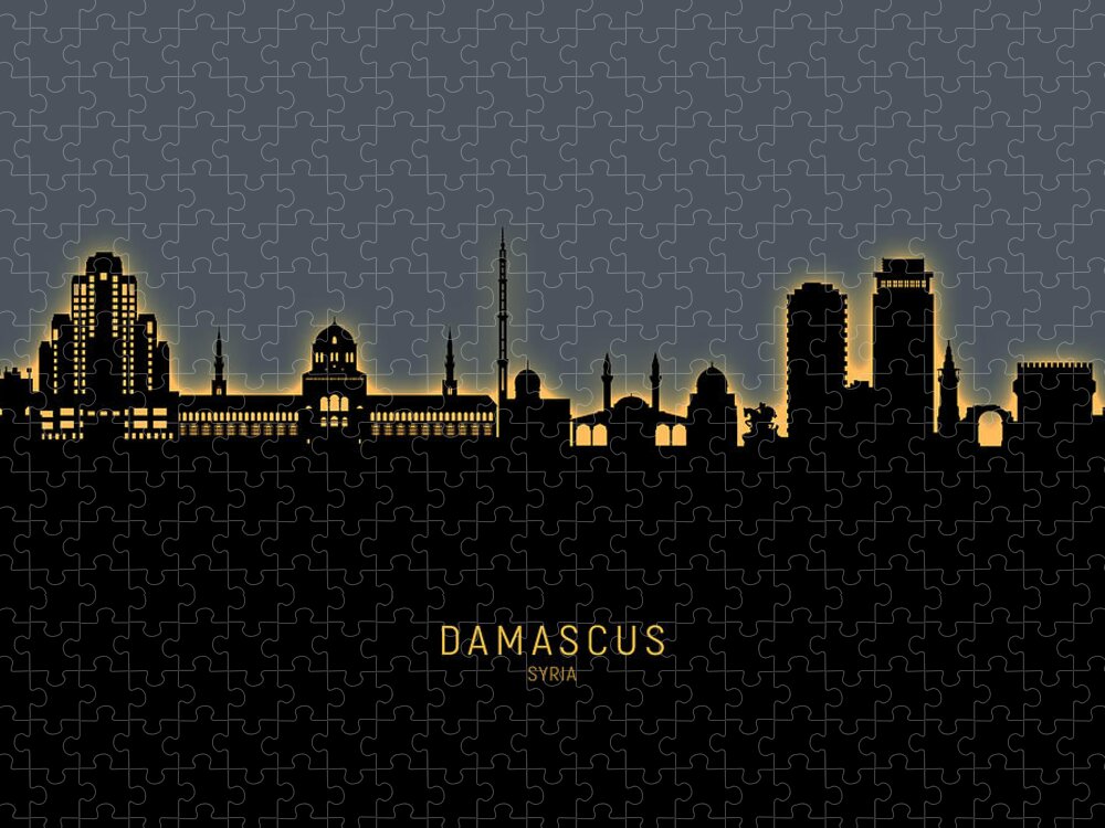 Damascus Jigsaw Puzzle featuring the digital art Damascus Syria Skyline #14 by Michael Tompsett