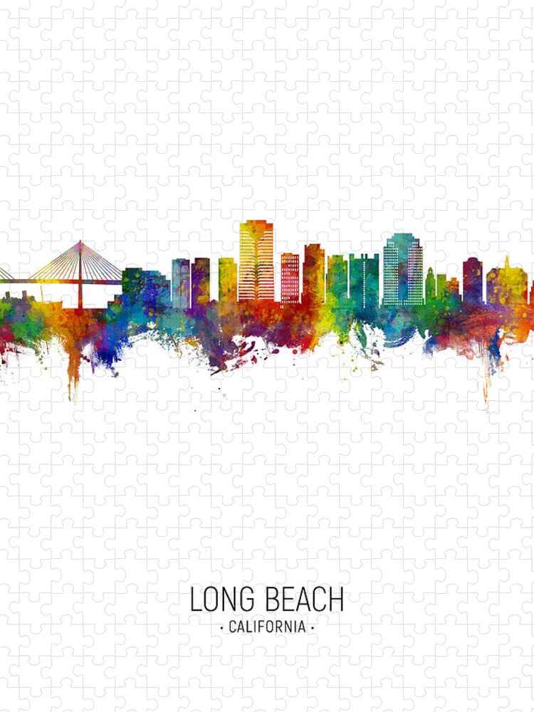 Long Beach Jigsaw Puzzle featuring the digital art Long Beach California Skyline #18 by Michael Tompsett