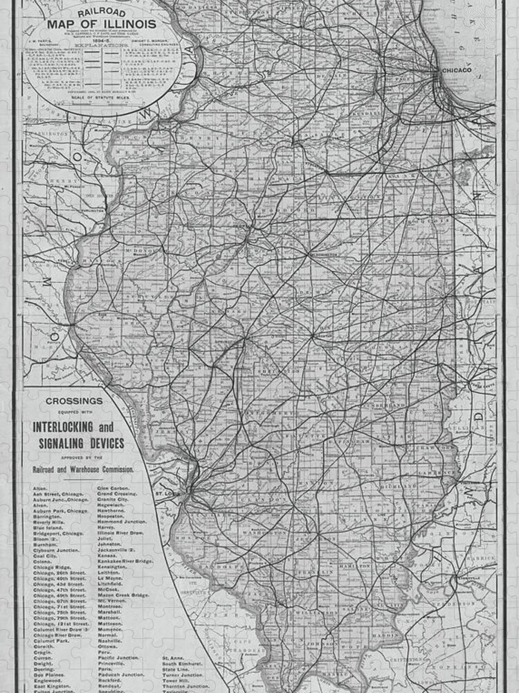 1885 Jigsaw Puzzle featuring the photograph 1895 Historical Railroad Map of Illinois Black and White Map by Toby McGuire