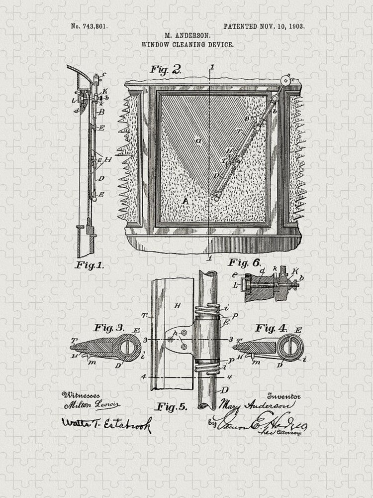 1903 Window Cleaner Patent Jigsaw Puzzle featuring the drawing 1903 Window Cleaner Patent by Dan Sproul