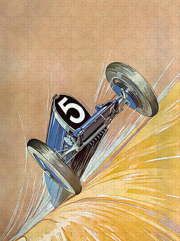 Vintage Jigsaw Puzzle featuring the painting 1927 Bugatti Type 35B dramatic speed perspective original french art deco illustration by Roger Soubie