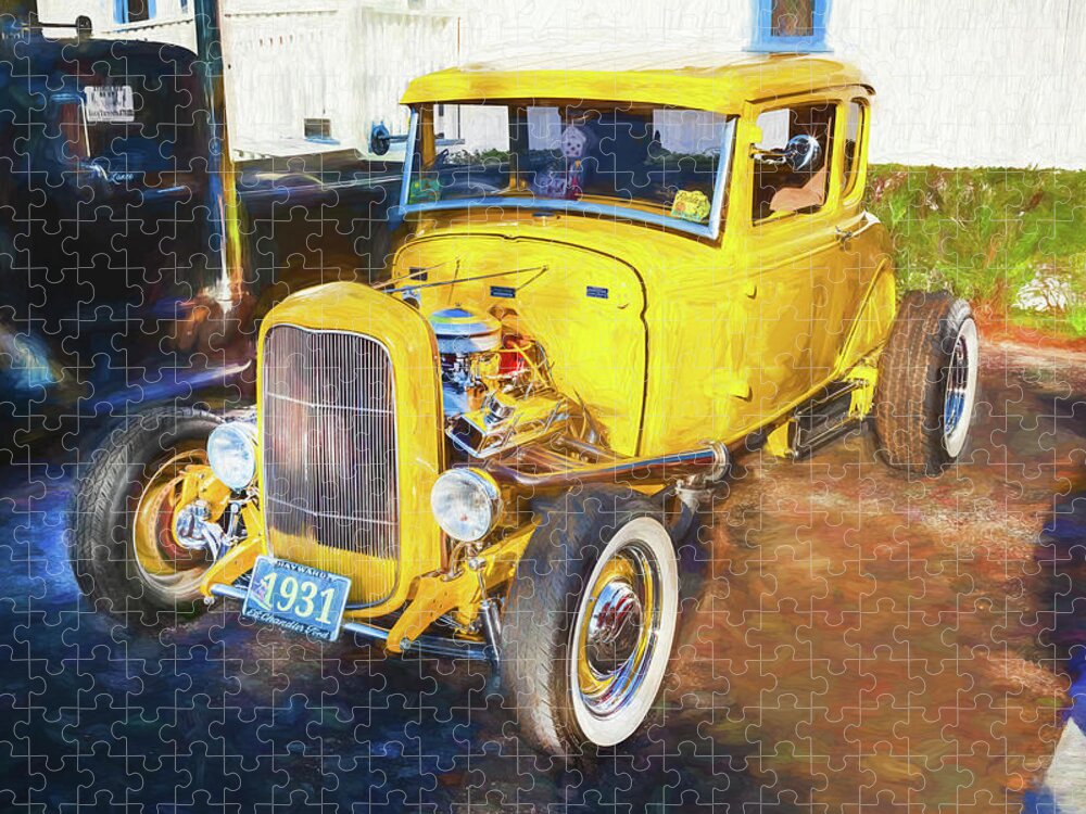  1931 Yellow Ford Hot Rod 5 Window Coupe Jigsaw Puzzle featuring the photograph 1931 Yellow Ford Hot Rod 5 Window Coupe X122 by Rich Franco