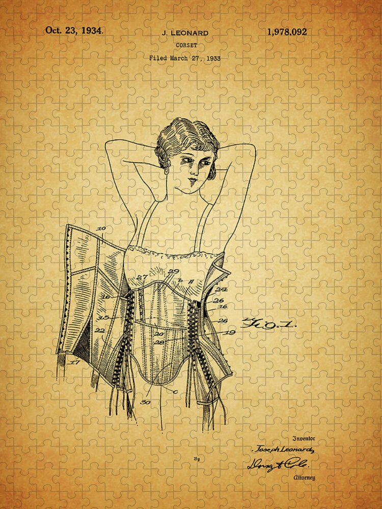 1934 Corset Patent Jigsaw Puzzle featuring the drawing 1934 Corset Patent by Dan Sproul