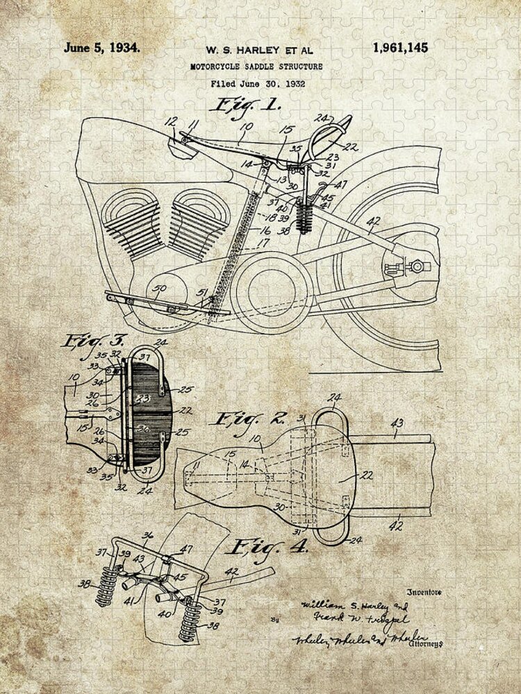 1934 Motorcycle Saddle Patent Jigsaw Puzzle featuring the drawing 1934 Motorcycle Saddle Patent by Dan Sproul