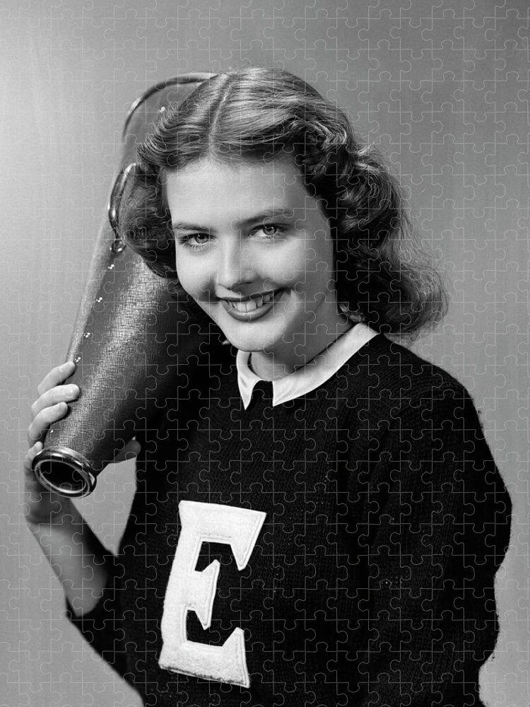 1940s 1950s Girl Cheerleader With Megaphone Smiling Looking At