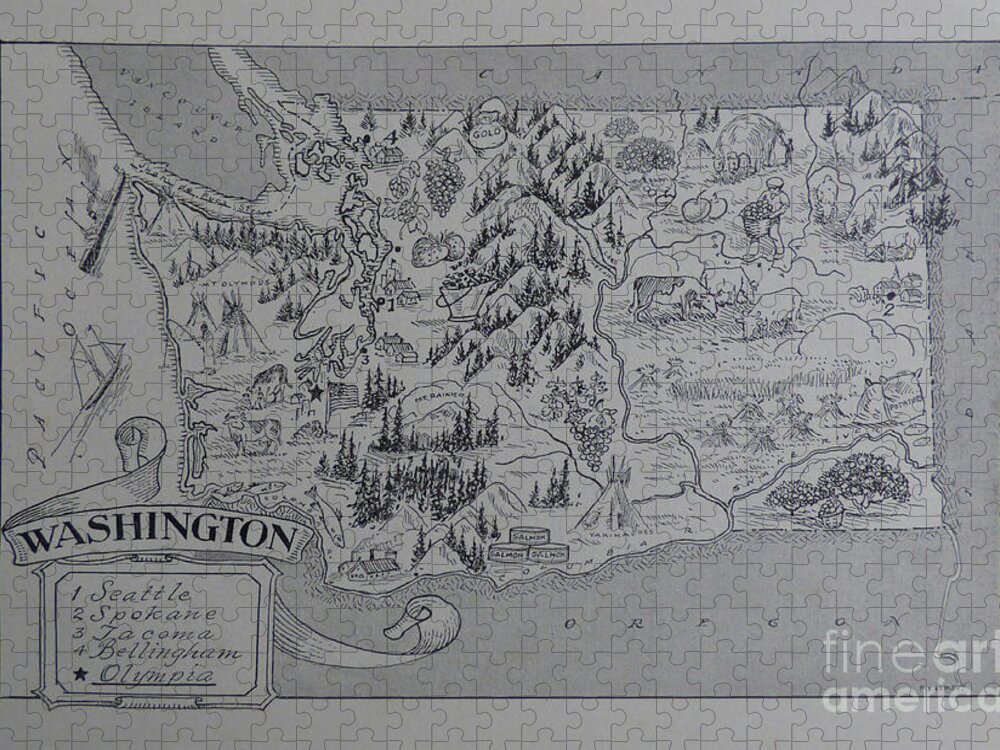 Washington State Map Jigsaw Puzzle featuring the drawing 1950s Antique Washington Animated Picture Map by Charles Robinson