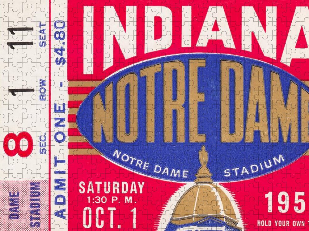 1955 Jigsaw Puzzle featuring the mixed media 1955 Indiana vs. Notre Dame Football Ticket Stub Art by Row One Brand