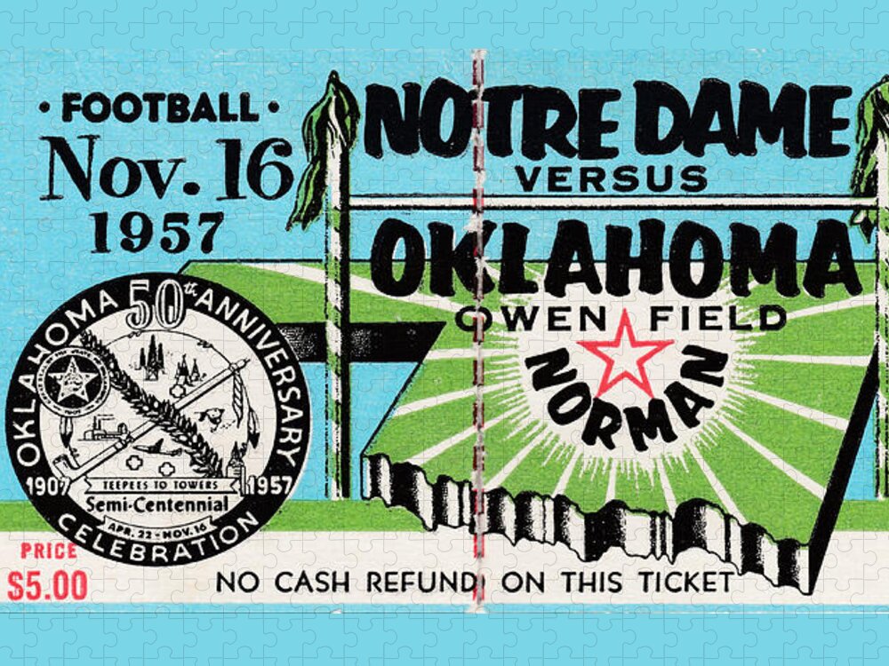 1957 Jigsaw Puzzle featuring the mixed media 1957 Oklahoma vs. Notre Dame Football Ticket Stub by Row One Brand
