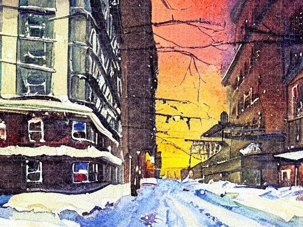 Watercolor Jigsaw Puzzle featuring the painting 1960s Hackensack in Winter by Christopher Lotito
