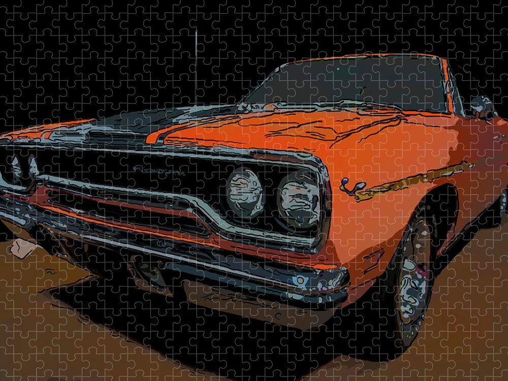 1970 Plymouth Roadrunner 440 Six Pack Jigsaw Puzzle featuring the drawing 1970 Plymouth Roadrunner 440 six pack digital drawing by Flees Photos