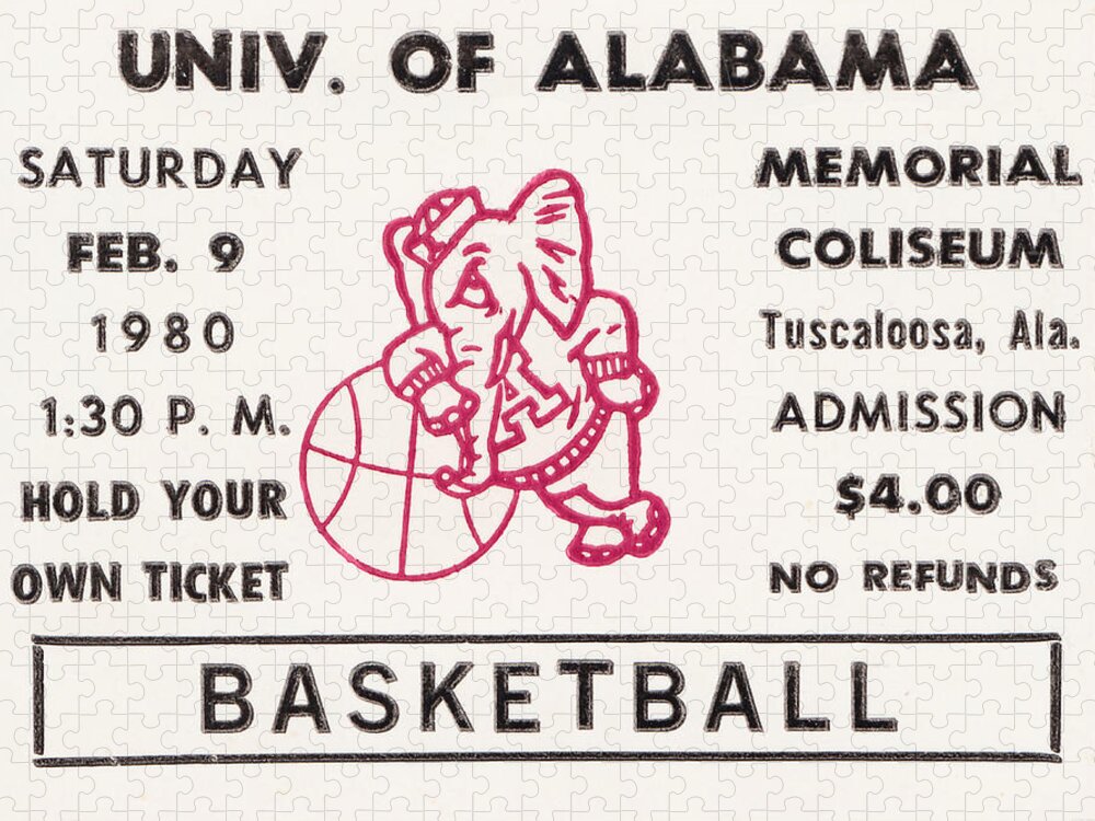 Alabama Jigsaw Puzzle featuring the mixed media 1980 Alabama Basketball Ticket Stub Art by Row One Brand