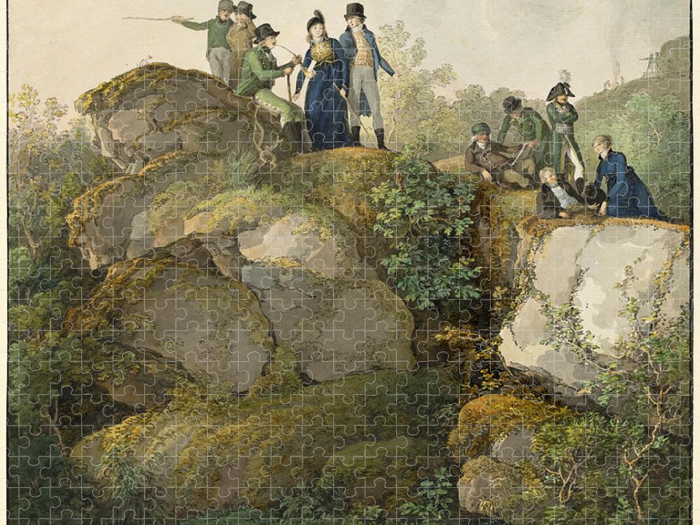Johann Georg Von Dillis Jigsaw Puzzle featuring the drawing A Royal Party Admiring the Sunset atop the Hesselberg Mountain by Johann Georg von Dillis