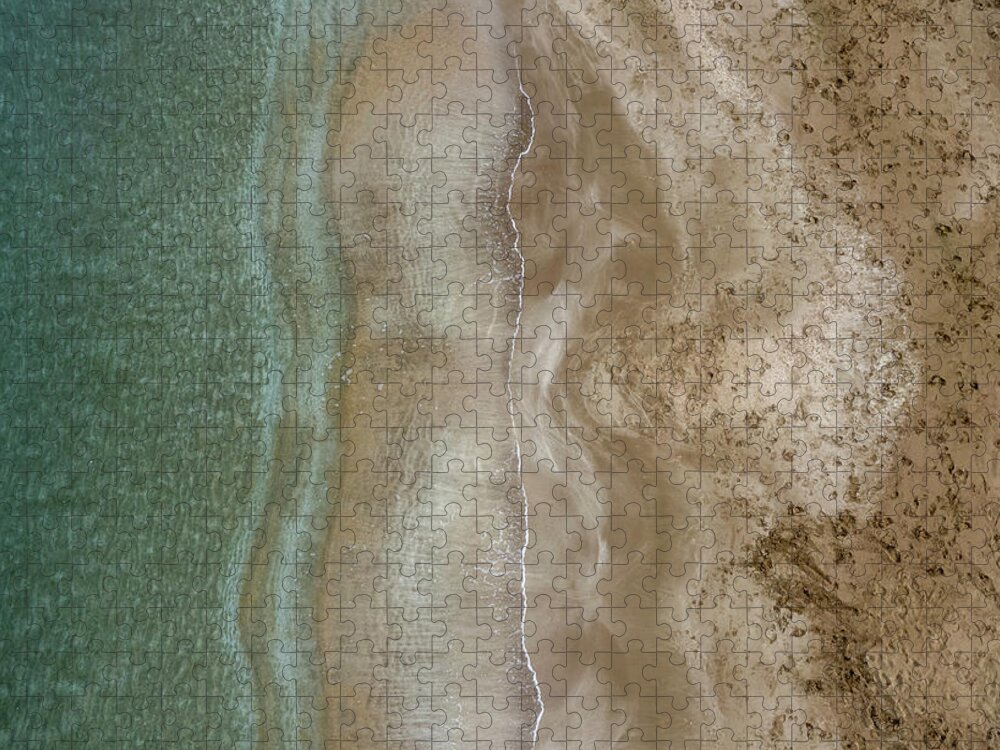 Golden Sand Jigsaw Puzzle featuring the photograph Aerial view drone of empty tropical sandy beach with golden sand. Seascape background #3 by Michalakis Ppalis