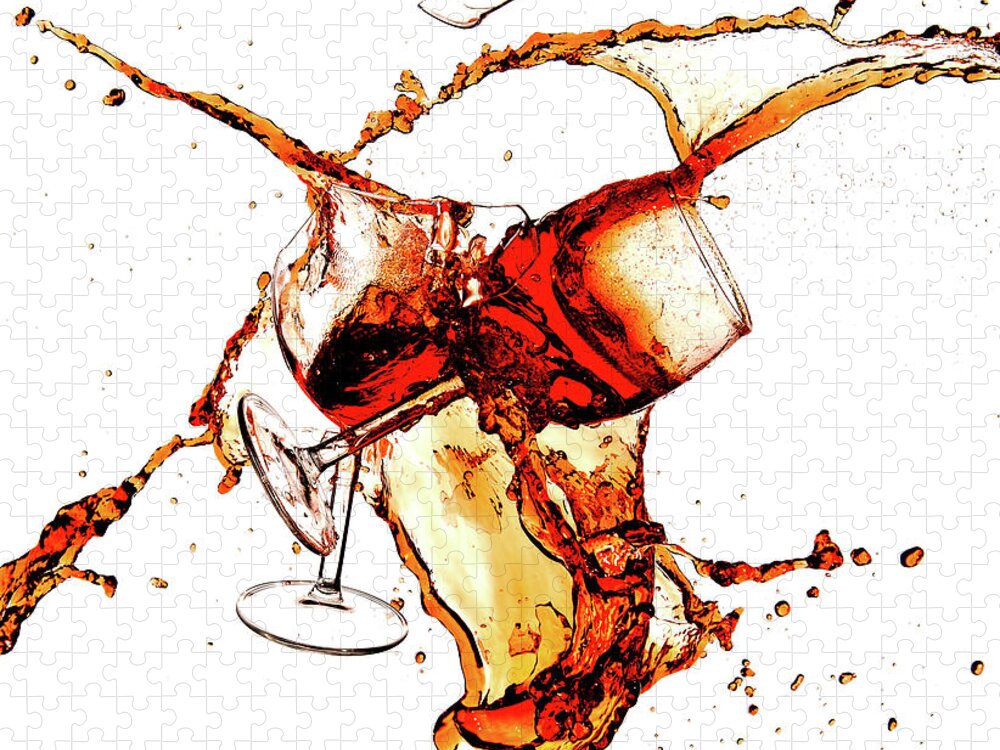Damaged Jigsaw Puzzle featuring the photograph Broken wine glasses with wine splashes on a white background by Michalakis Ppalis