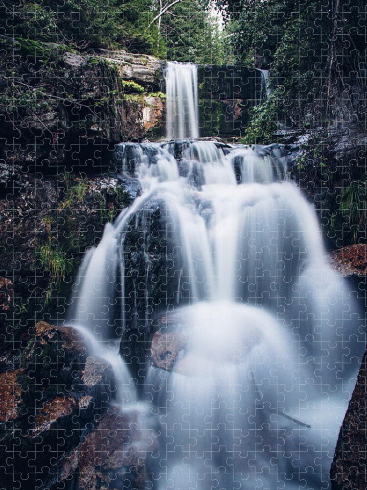 Jizera Mountains Jigsaw Puzzle featuring the photograph Cascade of two large waterfalls on the small river Jedlova by Vaclav Sonnek