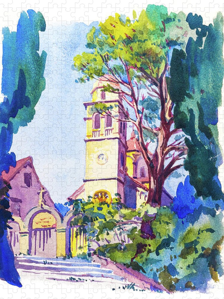 1930s Jigsaw Puzzle featuring the painting Church steeple in Herceg Novi, Montenegro, Dalmatia, 1938 by Viktor Wallon-Hars