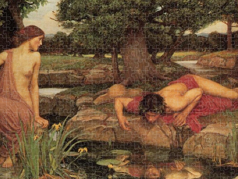     Jigsaw Puzzle featuring the drawing Echo and Narcissus #2 by John William Waterhouse