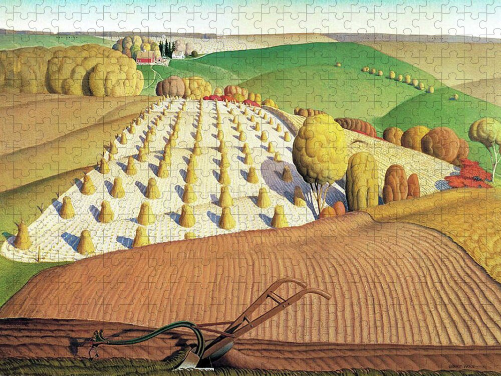 Americana Jigsaw Puzzle featuring the painting Fall Plowing #2 by Grant Wood