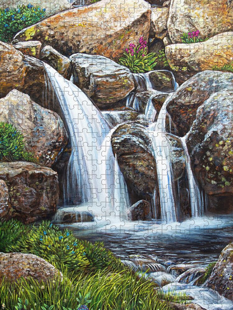 Waterfall Jigsaw Puzzle featuring the painting Flowing by Aaron Spong