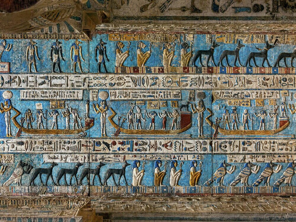 Egypt Jigsaw Puzzle featuring the painting Hieroglyphic carvings in ancient egyptian temple #2 by Mikhail Kokhanchikov