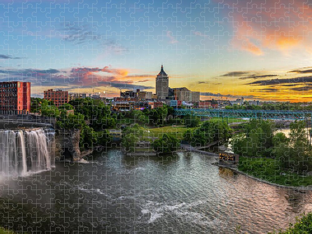 High Falls Rochester Ny At Sunset Jigsaw Puzzle featuring the photograph High Falls Rochester At Sunset by Mark Papke
